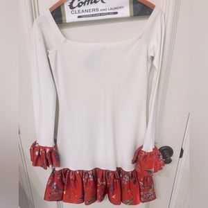 Alexis Off Shoulder White Dress with Red Floral Ruffle S